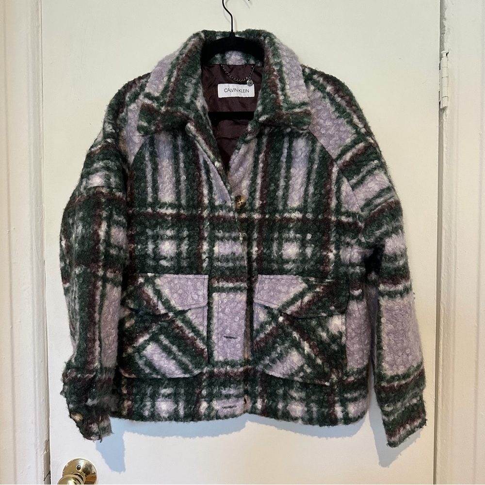 Calvin Klein Plaid Wool Blend Jacket Shacket Green Lavender Cozy Button Front M - Picture 2 of 9